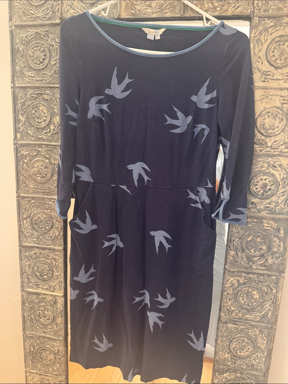 Boden Navy and Light Blue Swallow-Print Midi Dress